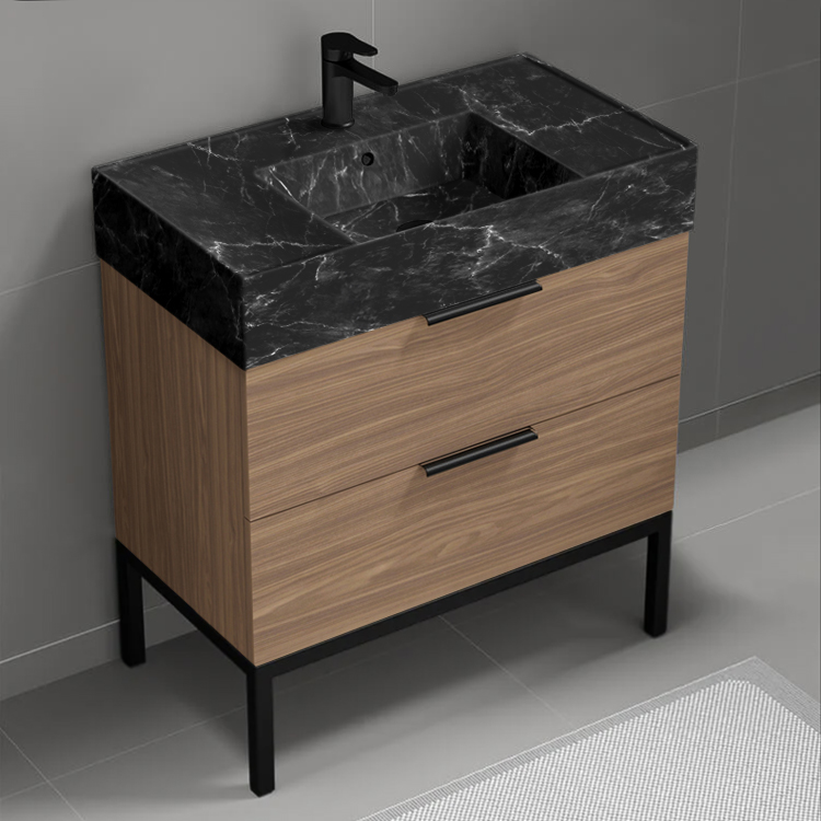 Nameeks DERIN871 32 Inch Black Marble Style Sink Walnut Free Standing Bathroom Vanity, Counter Space, 2 Drawers